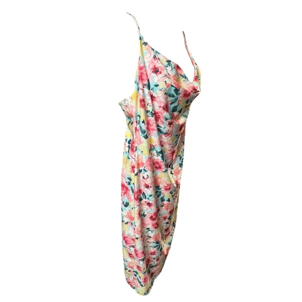 Iris Slip Dress XL Multicolor Floral Cowl Neck Knee Length Tropical Feminine New